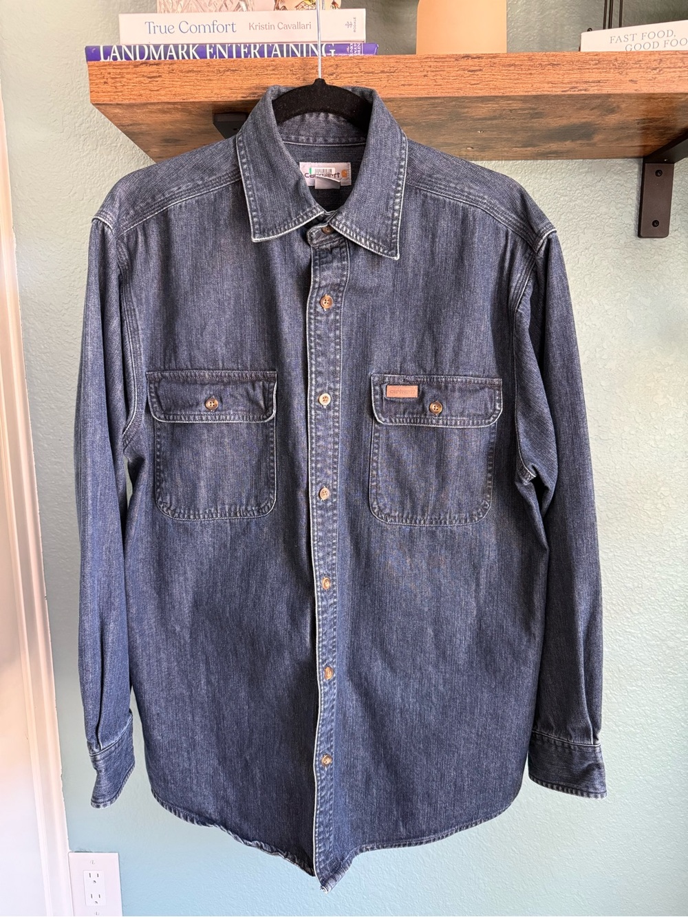 Carhartt Denim Button Down Shirt Dark Wash Workwear Shirt Heavy Cotton Size M